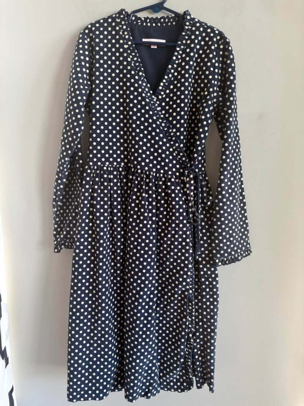 Kayce Hughes Girls 12 Fine Corduroy Navy Blue Polka Dot Ruffle Wrap Dress 100% C